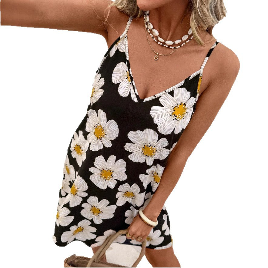 Strapless Printed V-neck Dress Women's Clothing