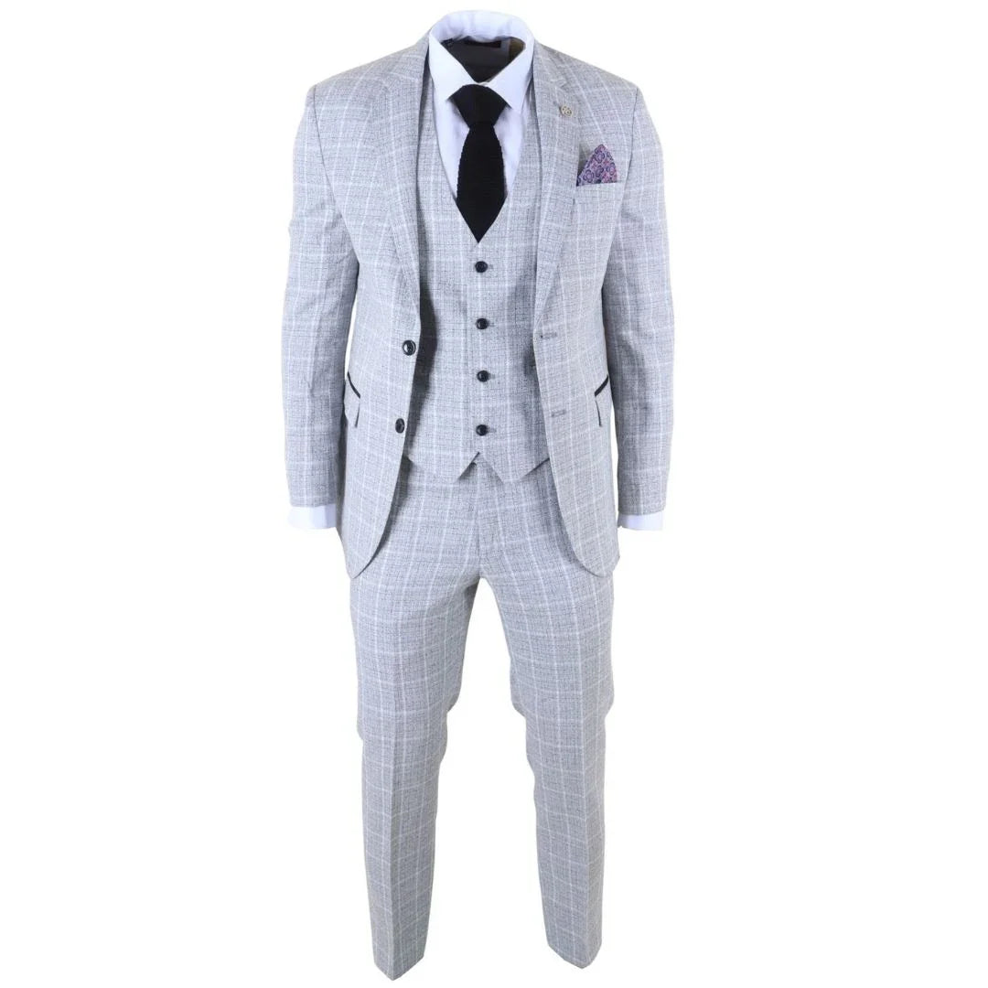 IM11 - Men's Grey 3 Piece Tailored Fit Check Suit