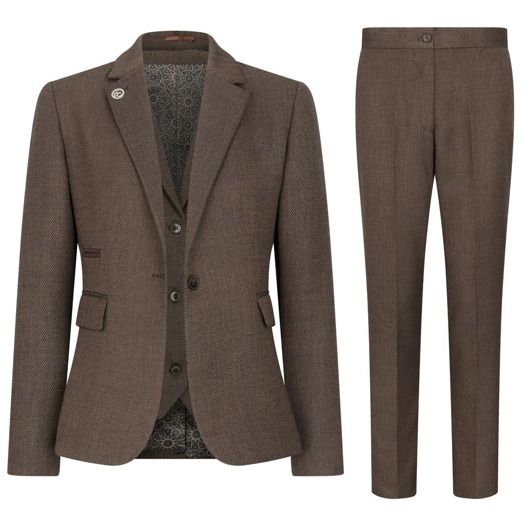 TPW-AK-06 - Women's Brown 3 Piece Herringbone Tweed Suit
