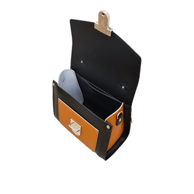 Handmade Leather Two Tone Sugarcube Handbag - Black & Burnt Orange